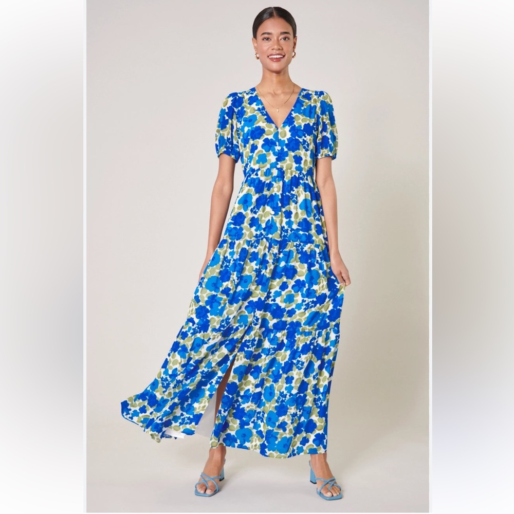 Sugarlips Vibrant Blue , white and olive Floral tiered button down Maxi Dress L